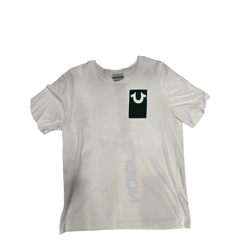 True Religion Men's White Graphic T-Shirt Vertical Logo Back Size Large‎